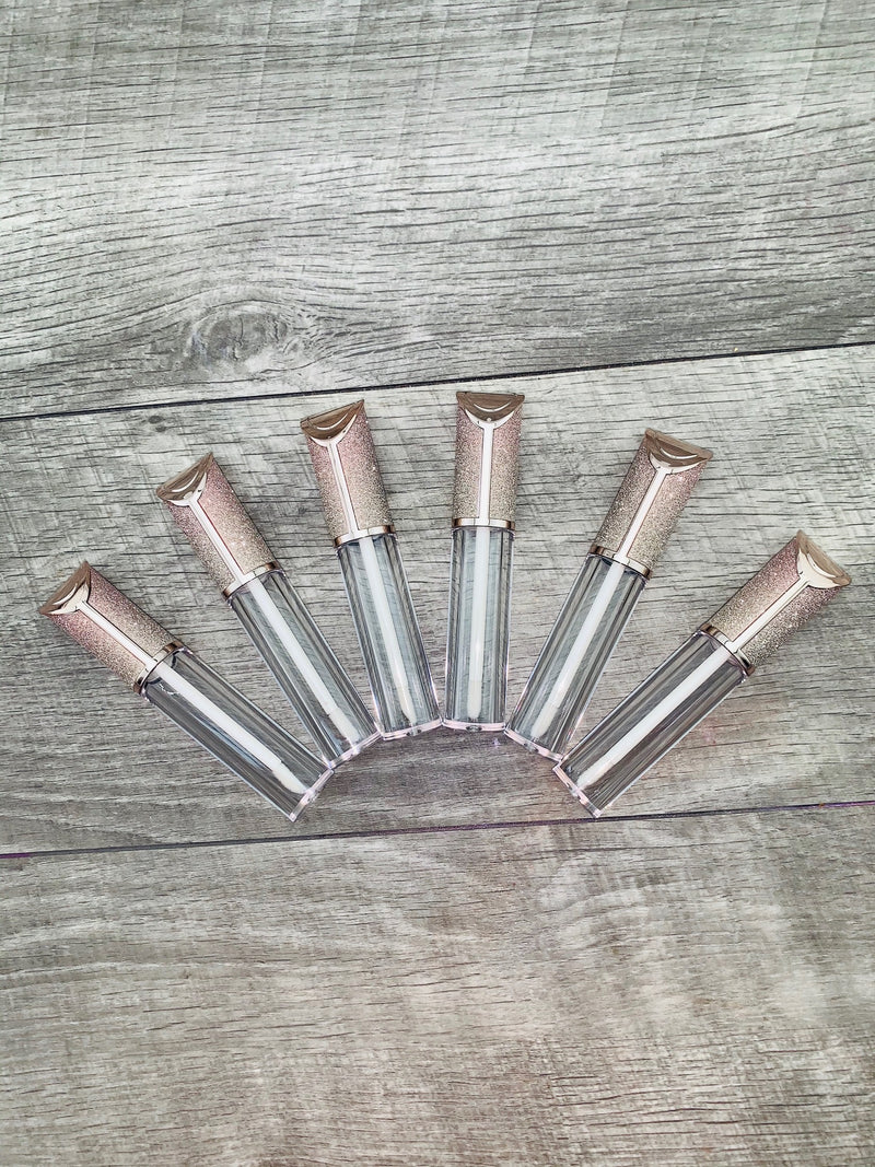 6 Pack - Clear Acrylic 5ml Rose Gold Glitter Gloss Tubes - No ProbLlama